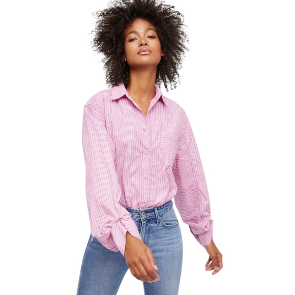 Free People Tie It In A Bow Oversized Button Down Shirt Size Medium Pink. - Picture 3 of 10